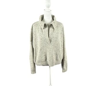 Abercrombie Fitch Sweater Womens Medium Chenille Polo Oatmeal Marl Collared Boxy